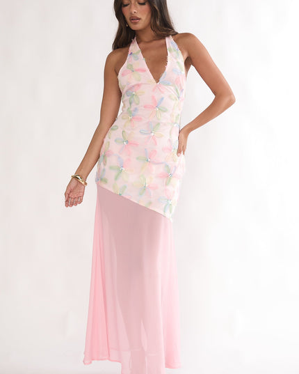 Pink Halterneck Sequin Embellished Maxi Dress