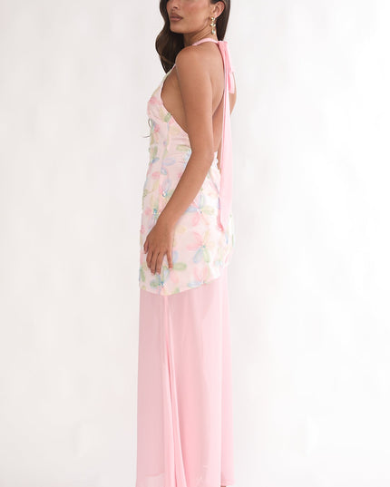 Pink Halterneck Sequin Embellished Maxi Dress