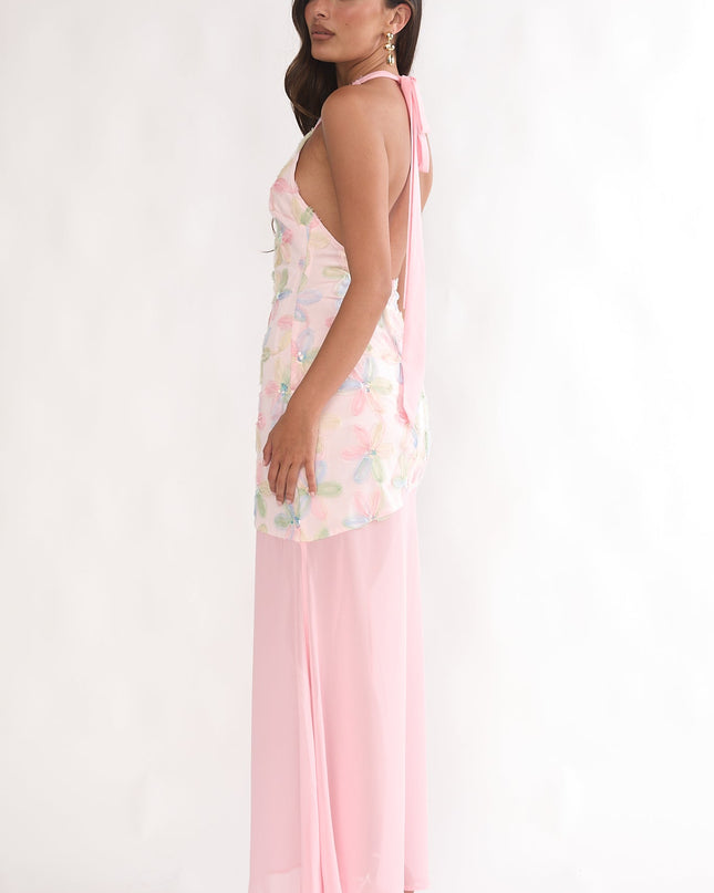 Pink Halterneck Sequin Embellished Maxi Dress