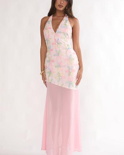Pink Halterneck Sequin Embellished Maxi Dress