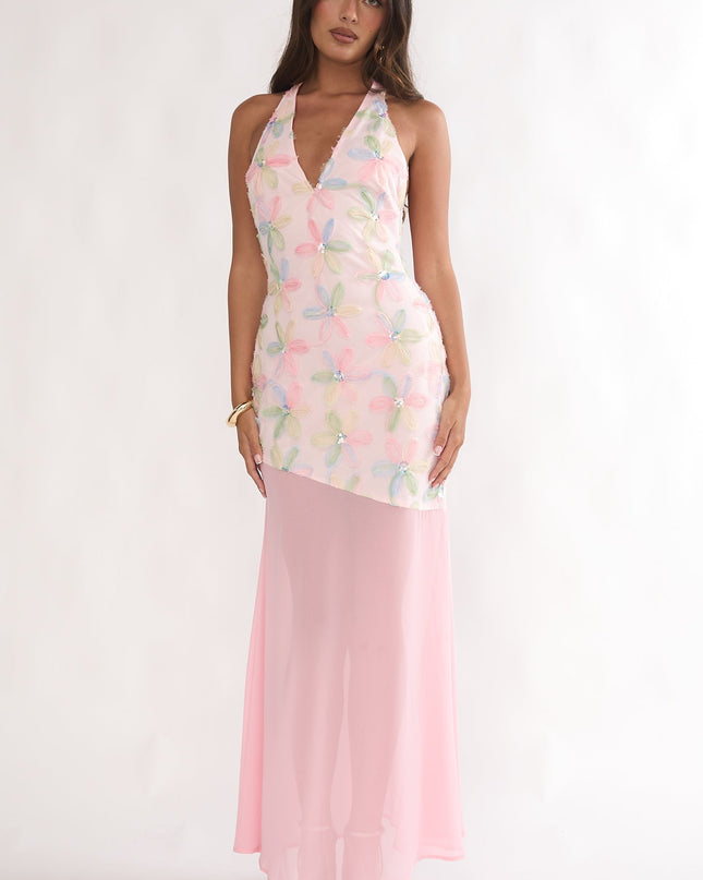 Pink Halterneck Sequin Embellished Maxi Dress