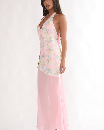 Pink Halterneck Sequin Embellished Maxi Dress