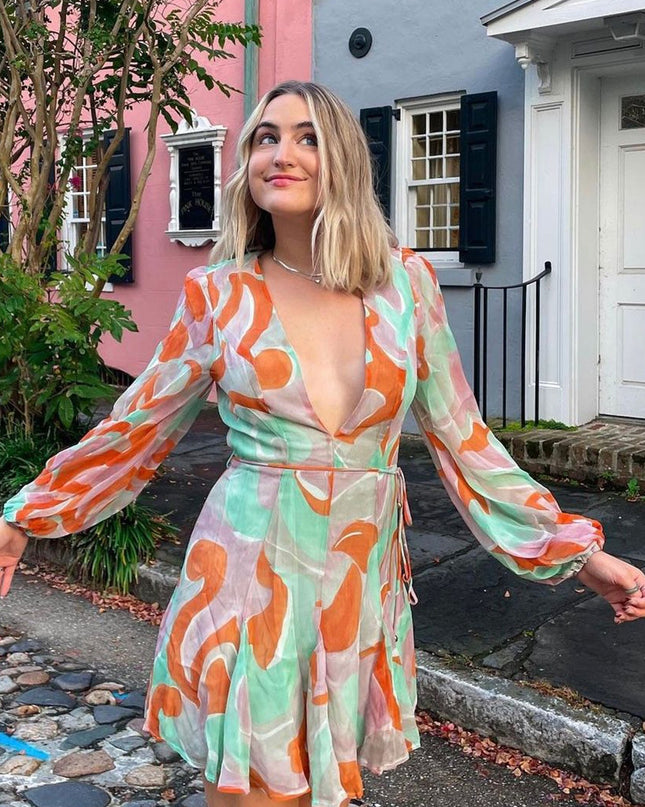 Orange/Mint Long Sleeve V-Neckline Dress Swirl Print