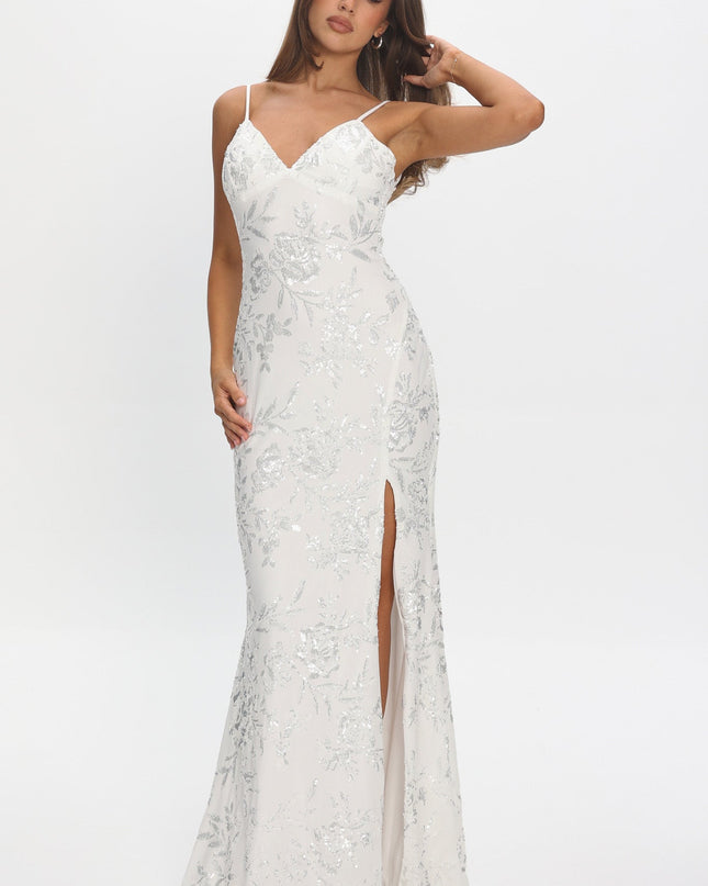 White Side Slit Maxi Dress Sequin