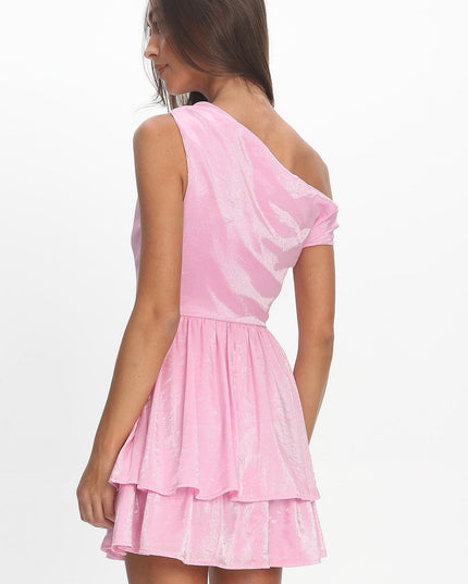 Pink Asymmetric Neckline Layered Mini Dress