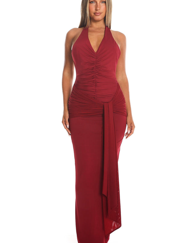 Raspberry Wrap Halter Maxi Dress