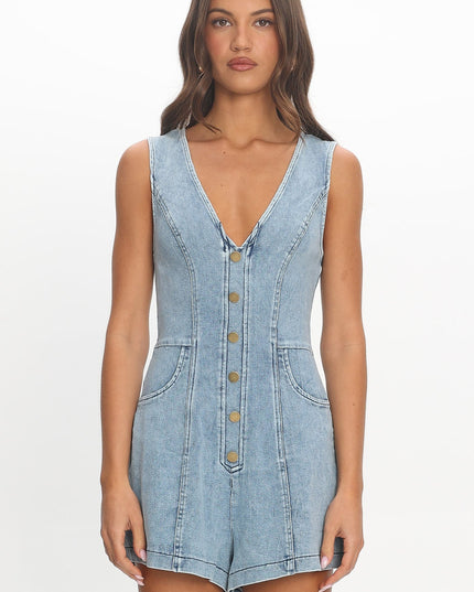 Denim Blue V-Neck Button Romper