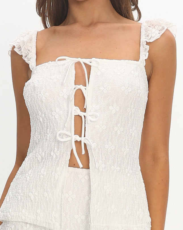 White Tied Front Lace Top