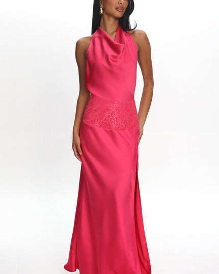 Pink Lace Waist Halter Maxi Dress