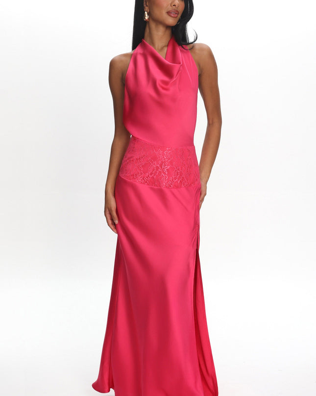 Pink Lace Waist Halter Maxi Dress