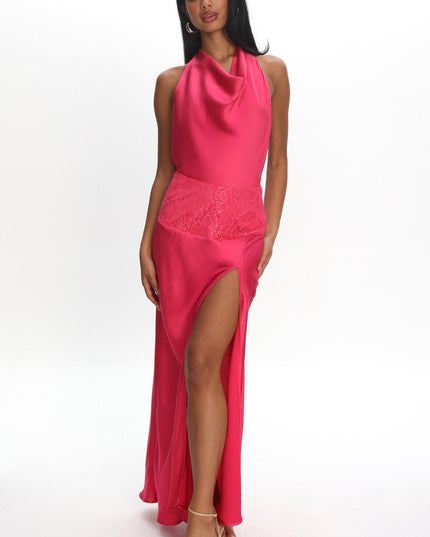 Pink Lace Waist Halter Maxi Dress