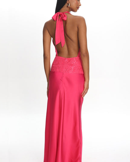 Pink Lace Waist Halter Maxi Dress
