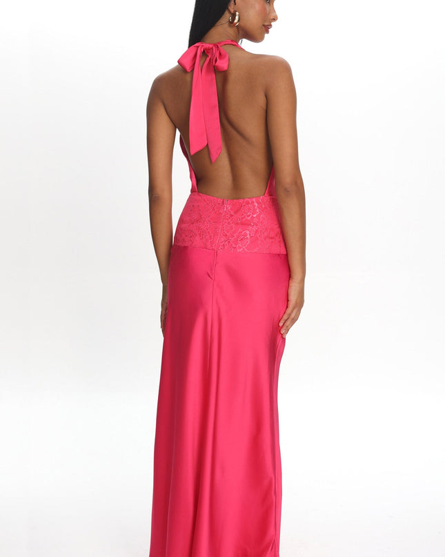 Pink Lace Waist Halter Maxi Dress