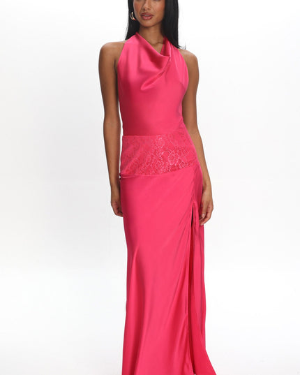 Pink Lace Waist Halter Maxi Dress