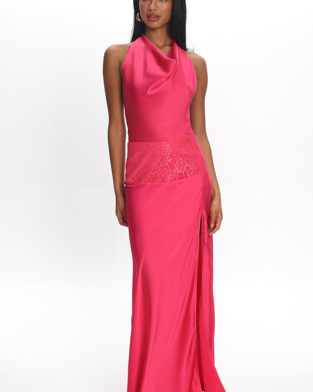 Pink Lace Waist Halter Maxi Dress