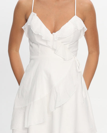 White Wrap Ruffle Mini Dress