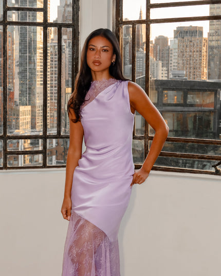 Lilac Amethyst Lace-Trim Asymmetric Maxi Dress