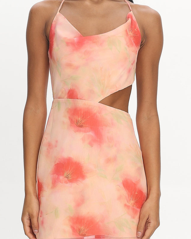 Red Tied Back Cut-Out Mini Dress Floral