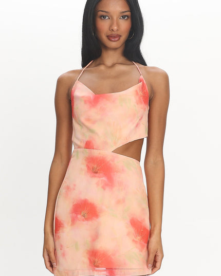 Red Tied Back Cut-Out Mini Dress Floral