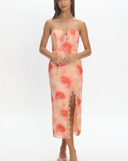 Red Sweetheart Neckline Midi Dress Floral