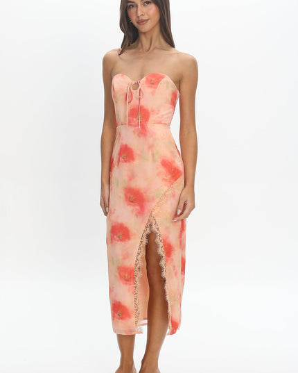 Red Sweetheart Neckline Midi Dress Floral