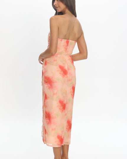 Red Sweetheart Neckline Midi Dress Floral