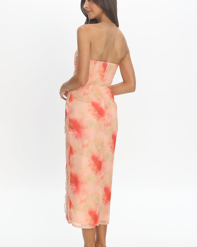 Red Sweetheart Neckline Midi Dress Floral