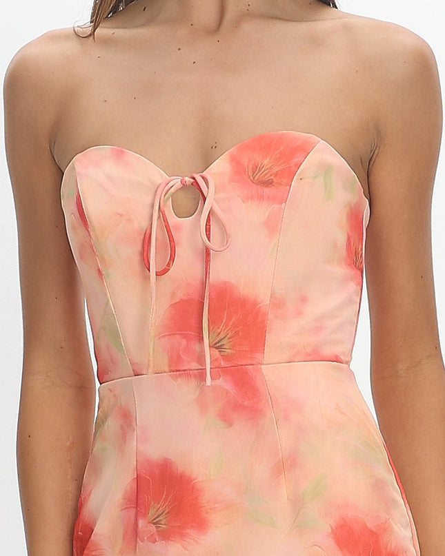 Red Sweetheart Neckline Midi Dress Floral