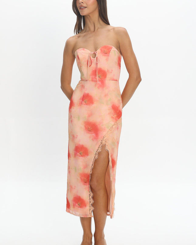 Red Sweetheart Neckline Midi Dress Floral