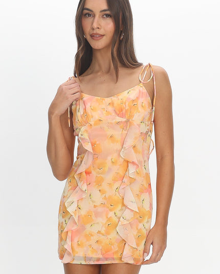 Yellow Tied Strap Ruffle Mini Dress