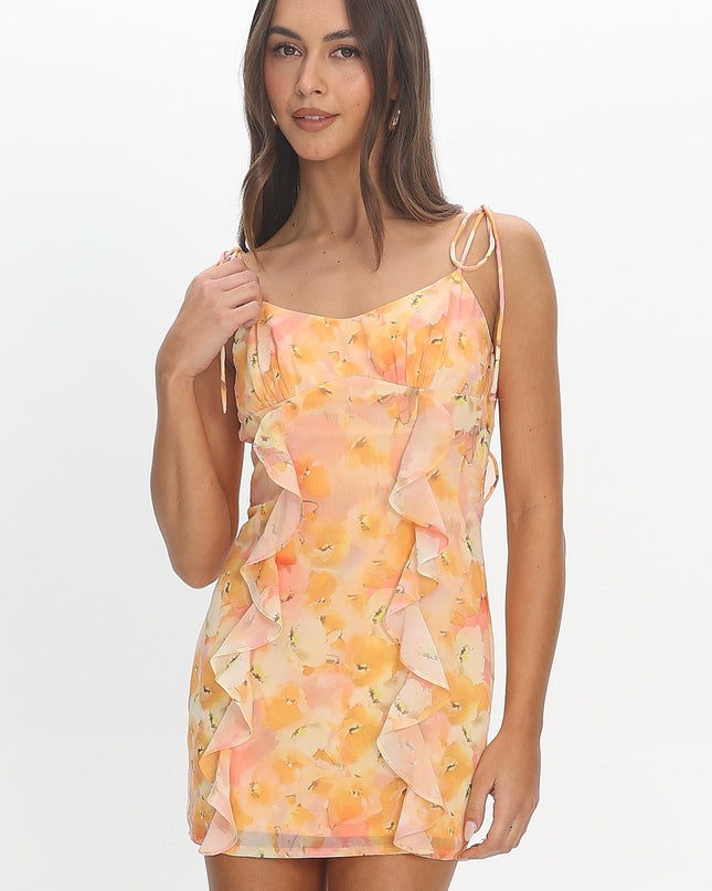 Yellow Tied Strap Ruffle Mini Dress