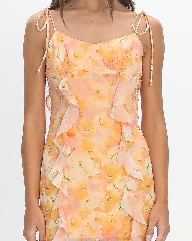 Yellow Tied Strap Ruffle Mini Dress