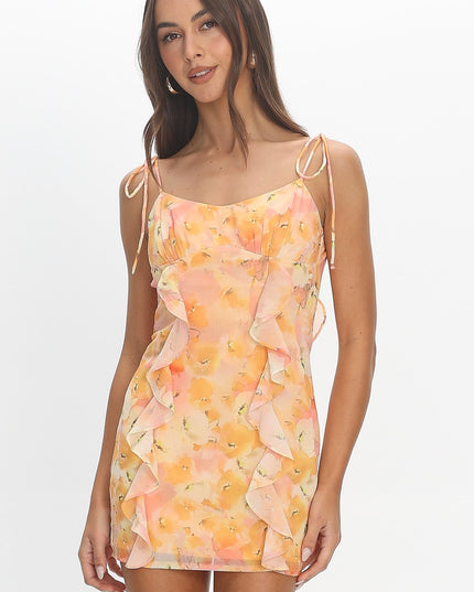 Yellow Tied Strap Ruffle Mini Dress