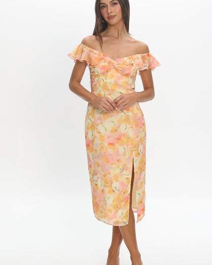 Yellow Off-Shoulder Ruffle Trim Midi Dress Floral