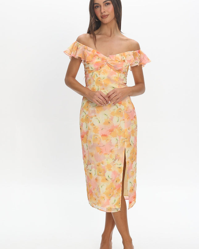 Yellow Off-Shoulder Ruffle Trim Midi Dress Floral