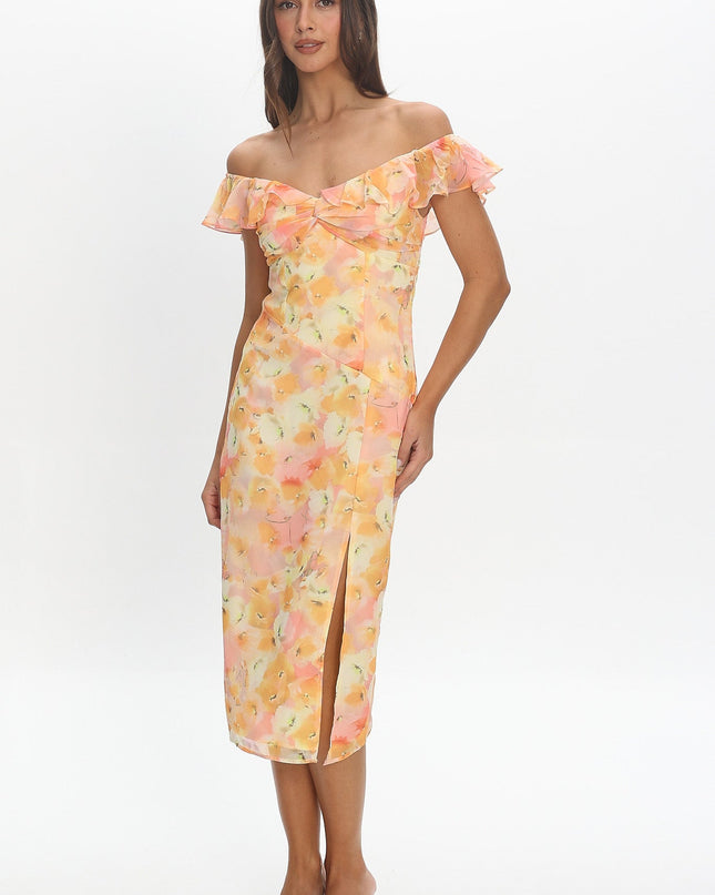 Yellow Off-Shoulder Ruffle Trim Midi Dress Floral