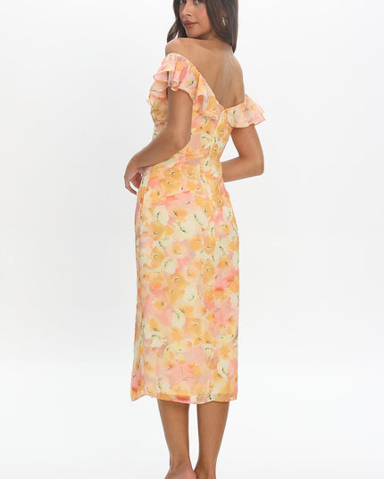 Yellow Off-Shoulder Ruffle Trim Midi Dress Floral