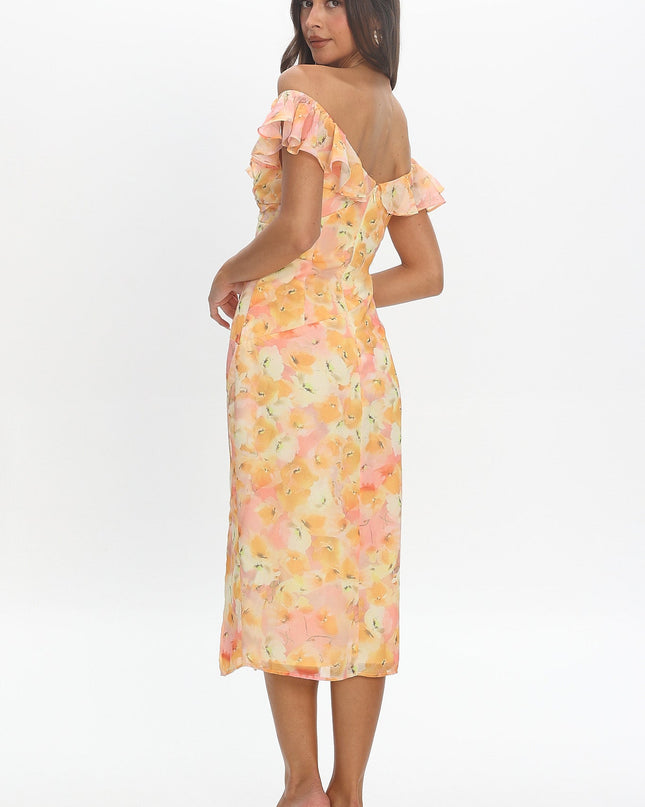 Yellow Off-Shoulder Ruffle Trim Midi Dress Floral