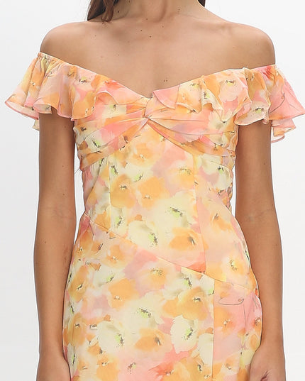 Yellow Off-Shoulder Ruffle Trim Midi Dress Floral