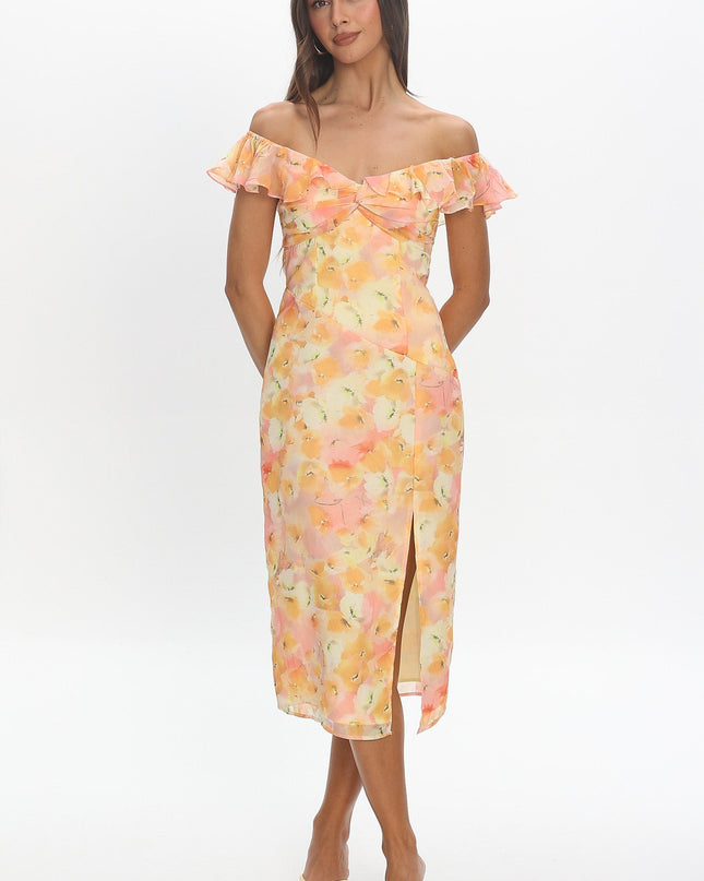 Yellow Off-Shoulder Ruffle Trim Midi Dress Floral