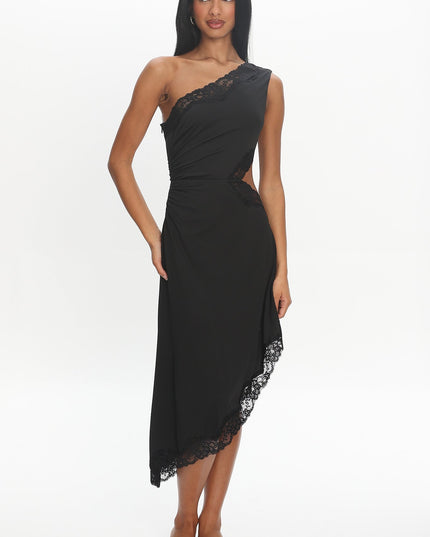 Black Lace-Trim Asymmetric Midi Dress