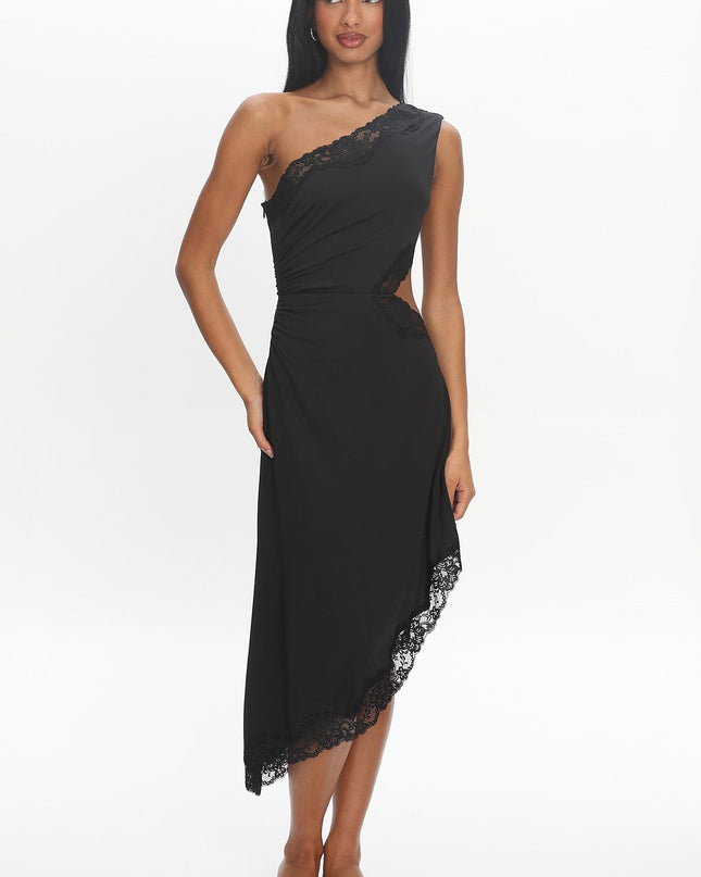 Black Lace-Trim Asymmetric Midi Dress