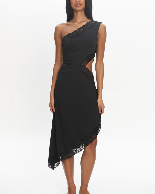 Black Lace-Trim Asymmetric Midi Dress