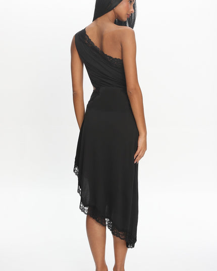 Black Lace-Trim Asymmetric Midi Dress
