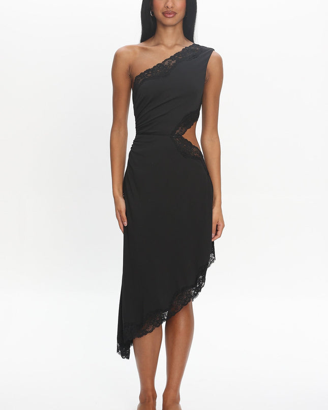 Black Lace-Trim Asymmetric Midi Dress