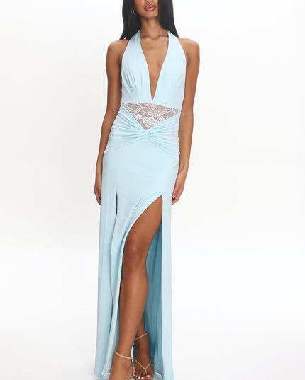 Blue Ruched Slit Maxi Dress