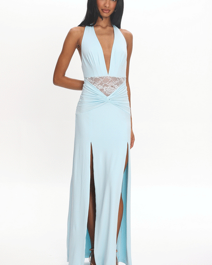 Blue Ruched Slit Maxi Dress