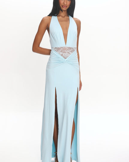 Blue Ruched Slit Maxi Dress