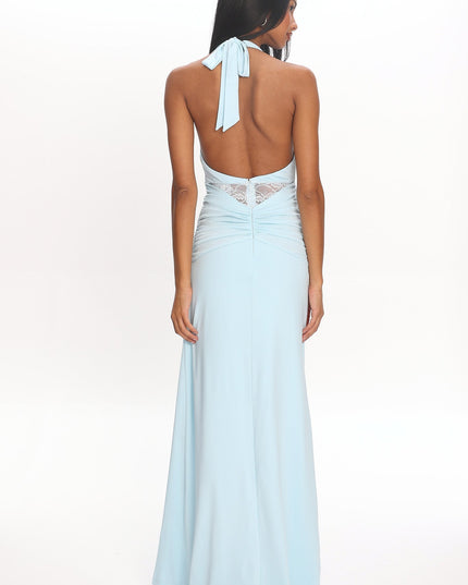 Blue Ruched Slit Maxi Dress