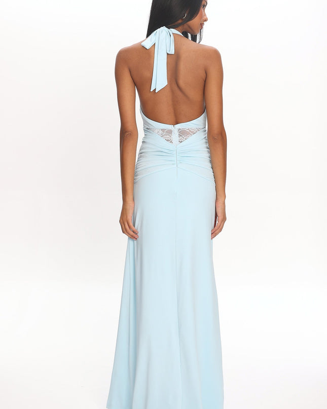 Blue Ruched Slit Maxi Dress